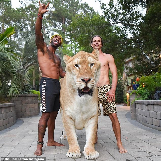 Animal conservationists Mike Holston (left), who has the social media name The Real Tarzann, and Kody Antle pose with Apollo the liger in Myrtle Beach, South Carolina