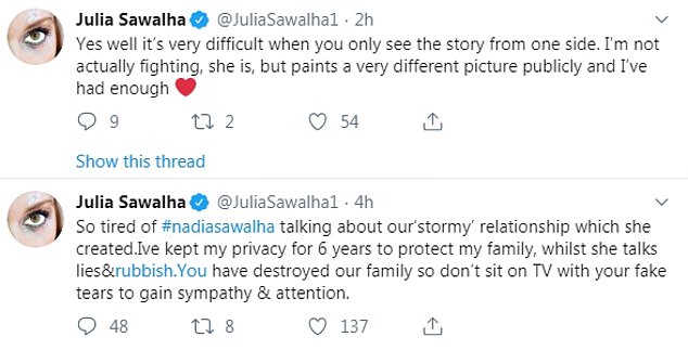 Family feud: Julia Sawalha has slammed her 