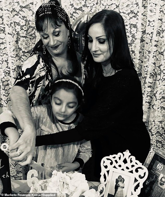 Nine-year-old Penelope Kumar (bottom) pictured with her mother Marketo Roussos-Kumar, 40, (right) and grandmother Kalliopi Roussos, 63, (left)