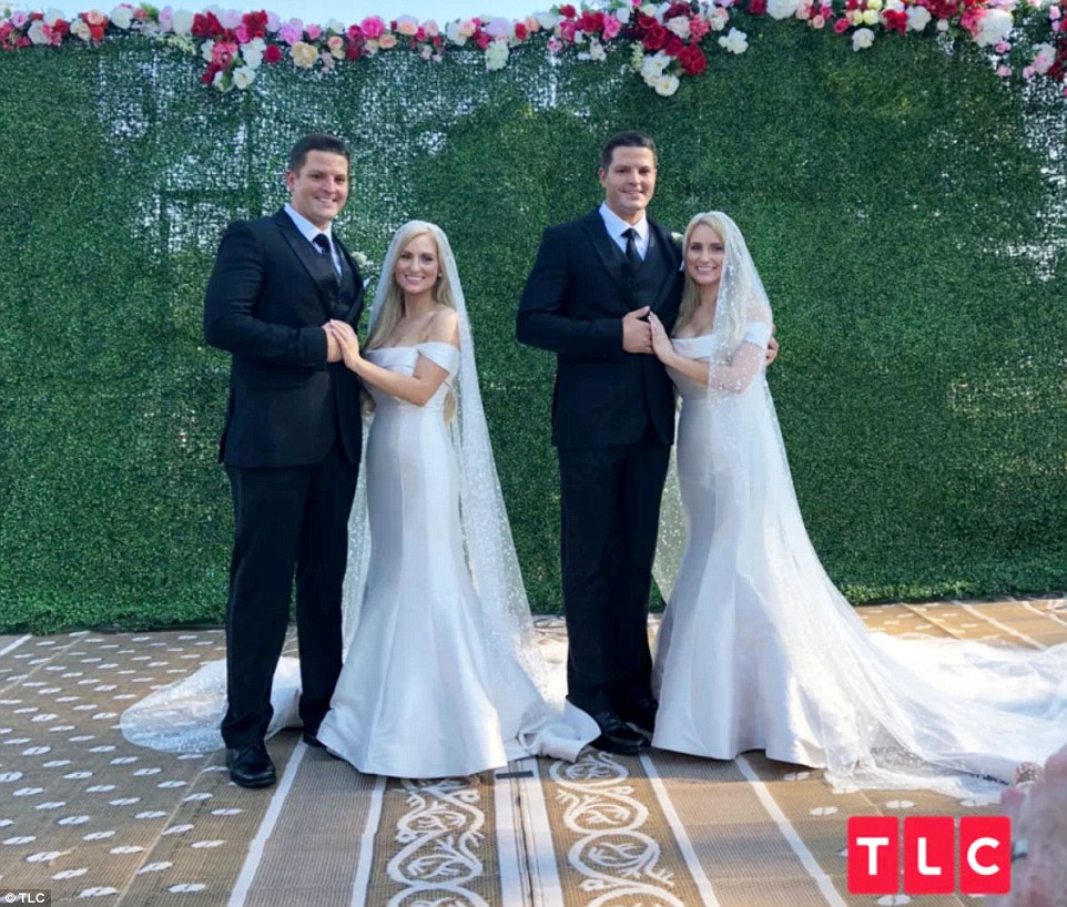 Brittany and Briana Deane, of Virginia, married Josh and Jeremy Salyers, of Tennessee, during a weekend ceremony in Twinsburg, Ohio - one year after the couples met for the first time at the annual Twins Days festival; the foursome plans to move into the same house and raise their children together 