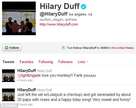Birthday message: Hilary tweeted about being presented with flowers as she left the vets