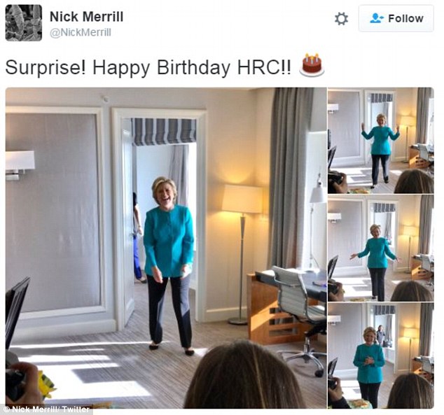 Secretary Clinton seemed to be surprised walking into the room to find the birthday treat