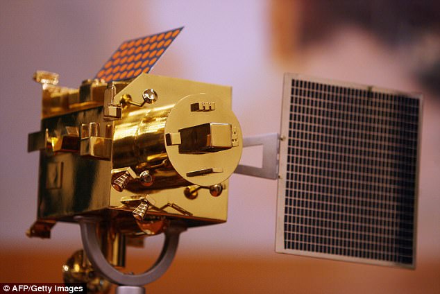 Named Chandrayaan-2, the vehicle will take three months to reach orbit and once the rover reaches the surface it will explore the area around the south pole. Pictured is a model of Chandrayaan-1