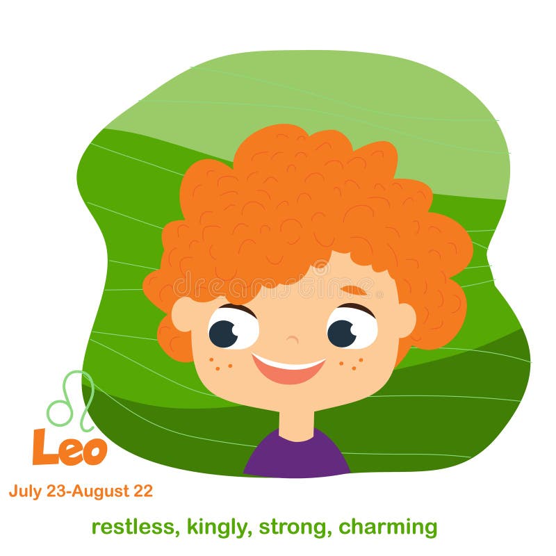 Leo. Kids zodiac. Children horoscope sign. Astrological symbols with cute baby face in cartoon style stock illustration