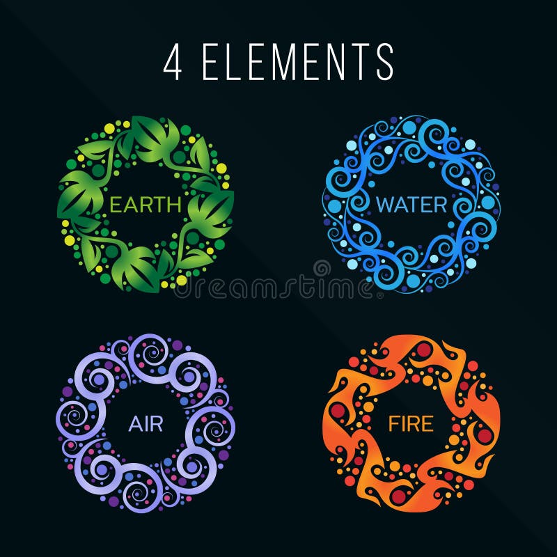 Nature 4 elements circle abstract sign. Water, Fire, Earth, Air. on dark background. vector illustration