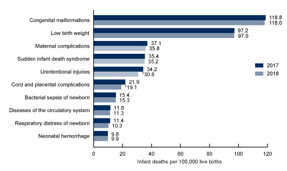 Figure 4 is a bar graph showing the infant mortality rates for the 10 leading causes of infant death in the United States in 2017 and 2018.