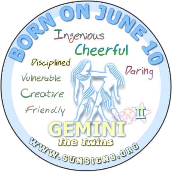 IF YOUR BIRTHDATE IS JUNE 10, the Gemini Birthday Analysis shows that you are sharp minded and creative.
