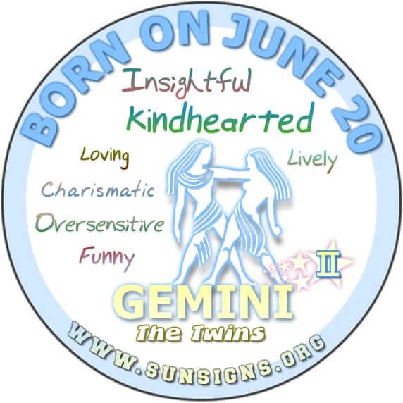 IF YOUR BIRTH DATE IS JUNE 20, the Gemini Birthday Analysis shows that people born explicitly on this day are said to be funny, kindhearted and lively.