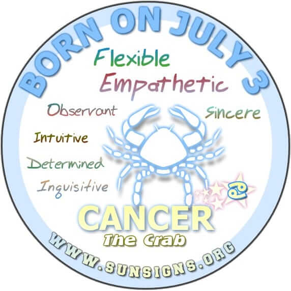 IF YOUR BIRTHDAY IS JULY 3, you are a Cancer zodiac sign person who is joyful, outgoing and determined.