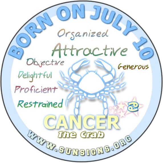 IF YOUR BIRTH DATE IS JULY 10, the, your zodiac sign is Cancer.